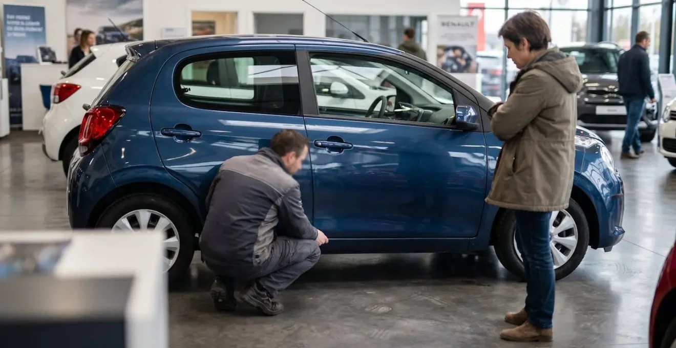 Deux personnes inspectant attentivement les détails de carrosserie d