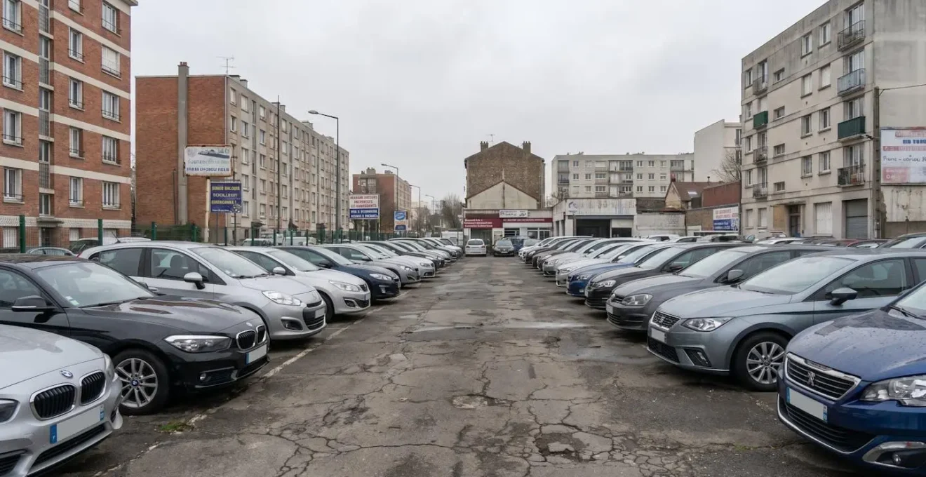 Parking de concessionnaire automobile avec plusieurs véhicules compacts premium alignés en extérieur